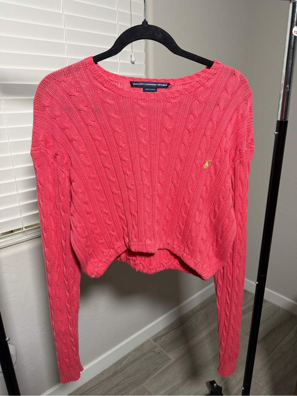 Ralph Lauren Bright Pink Cable Knit Cropped Crewneck Sweater